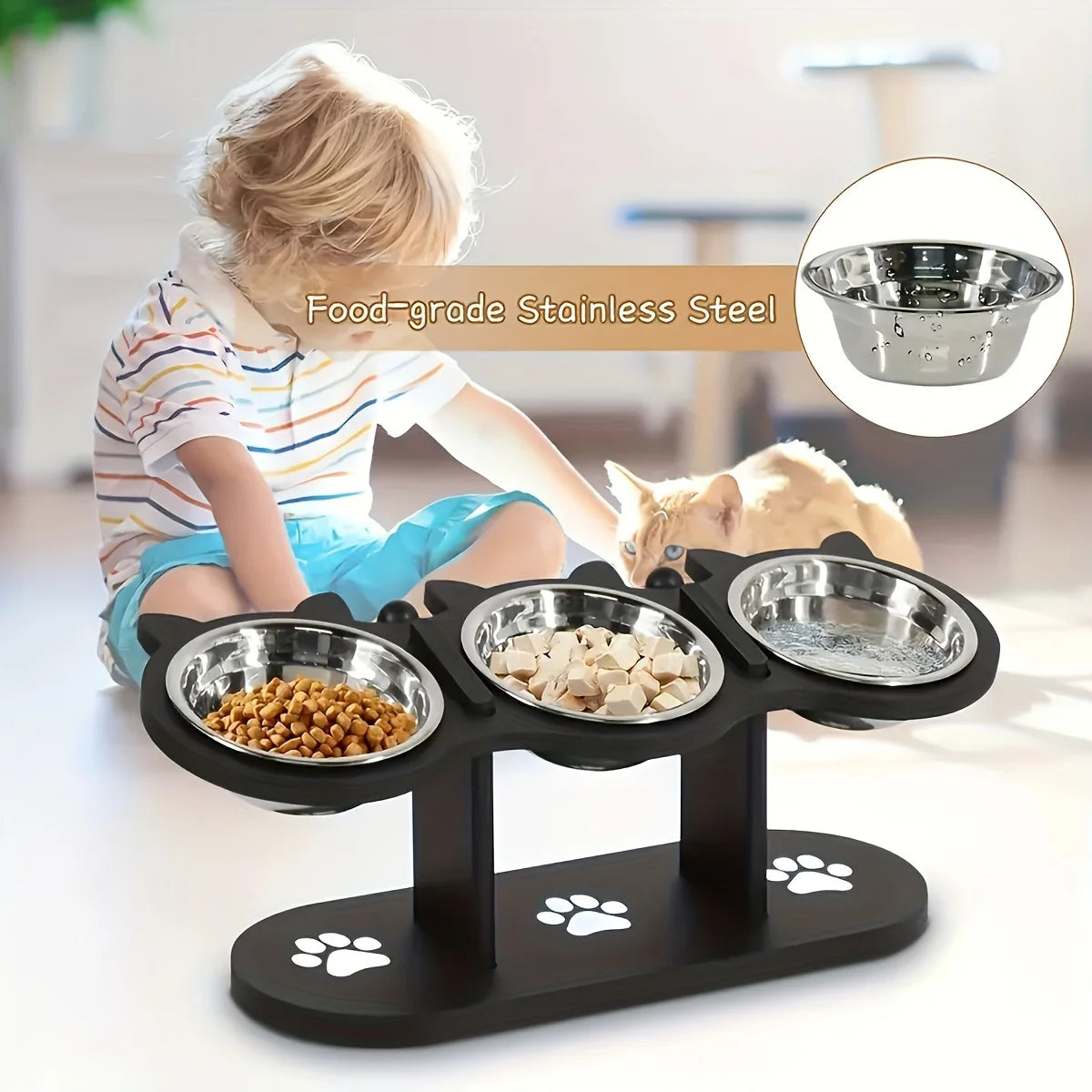 Raised Cat Food Bowls With Wooden Stand And Anti Vomiting Stainless Steel Bowls