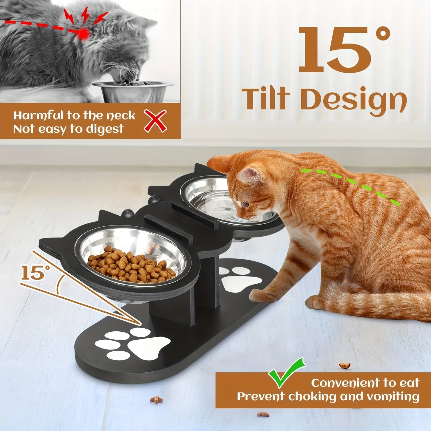 Raised Cat Food Bowls With Wooden Stand And Anti Vomiting Stainless Steel Bowls