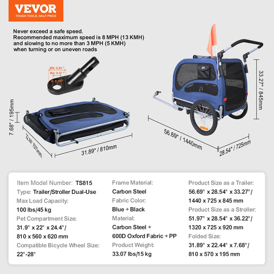 Dog Bike Trailer 2-In-1 Pet Stroller Carrier 100 Lb Capacity