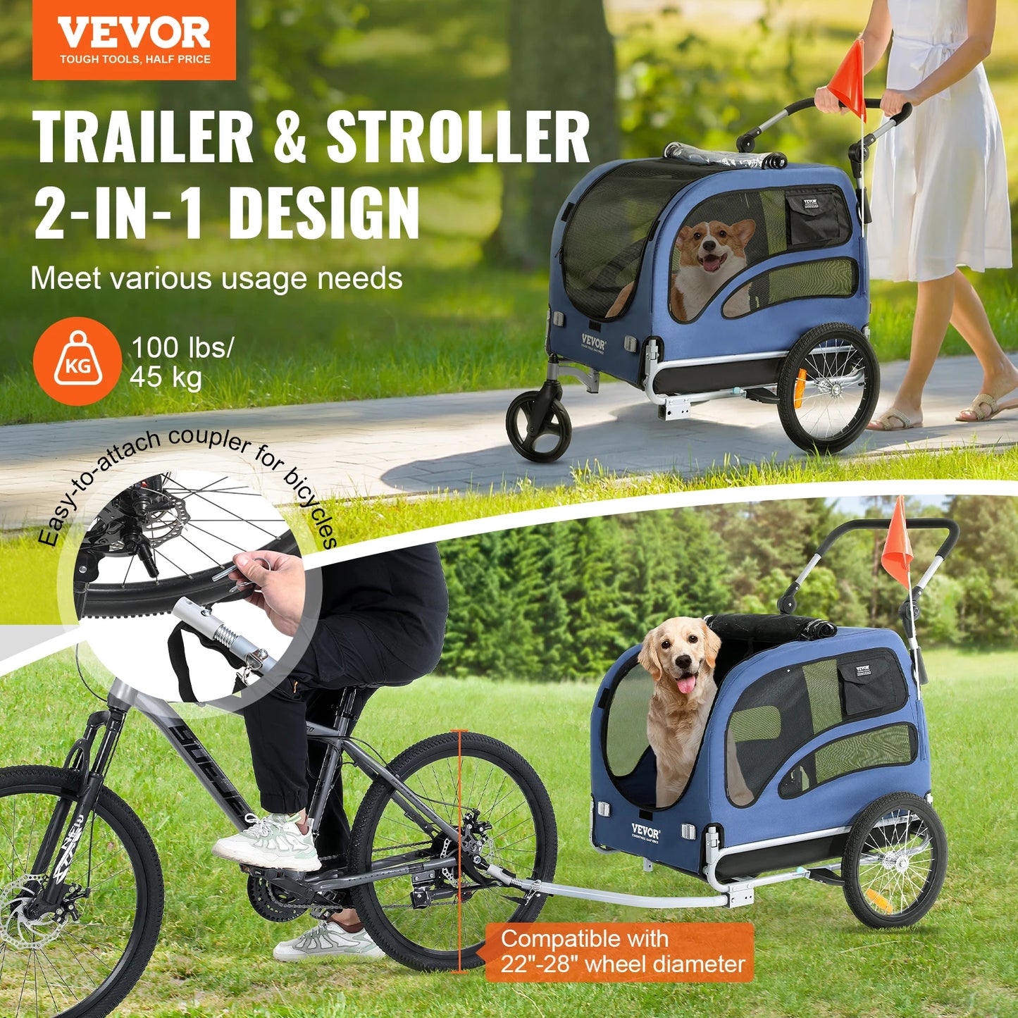 Dog Bike Trailer 2-In-1 Pet Stroller Carrier 100 Lb Capacity