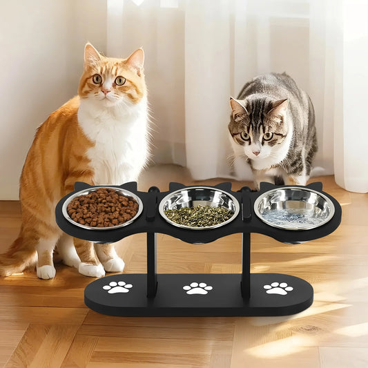 Raised Cat Food Bowls With Wooden Stand And Anti Vomiting Stainless Steel Bowls